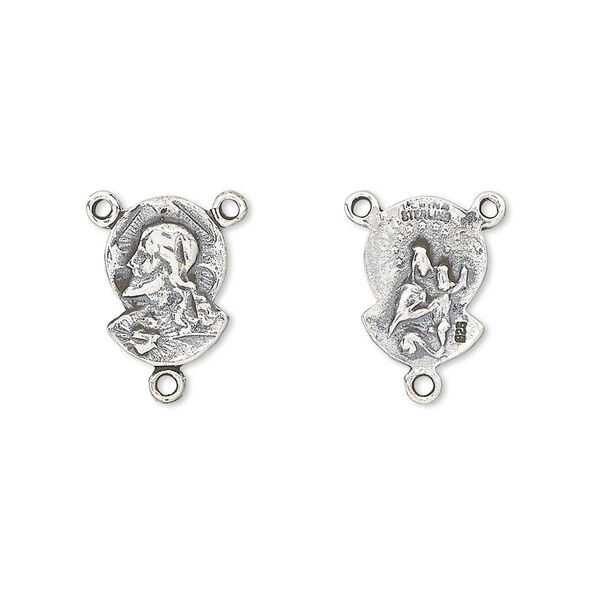 Connector, antiqued sterling silver, 12x9mm double-sided "Sacred Heart" rosary center. Sold per pkg of 2. image number 0