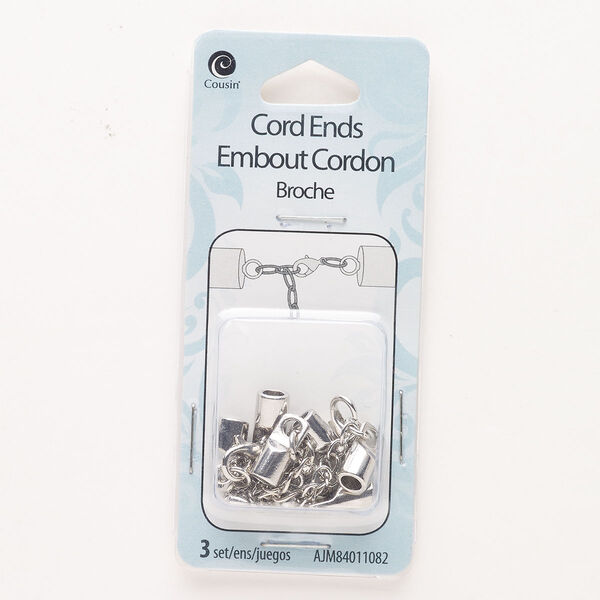 Clasp, lobster claw, steel, pkg/3, 10x6mm round with glue-in cord ends, silver finish. image number 0
