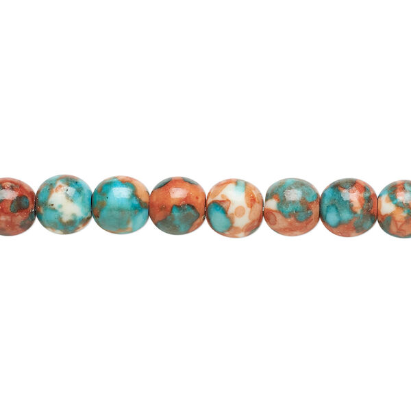 Bead, resin and painted ceramic, orange / blue / white, 6mm round. Sold per 15-1/2" to 16" strand. image number 0