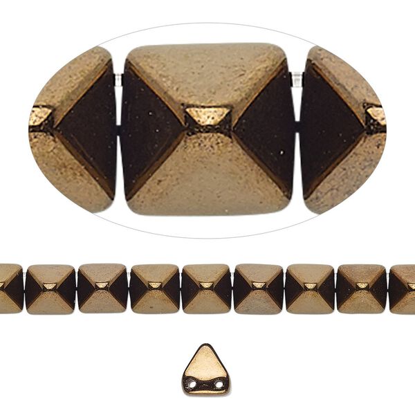 Spacer, Preciosa, Czech pressed glass, opaque antique bronze gold, 6x6x7mm 2-strand pyramid, fits up to 3mm bead. Sold per 8-inch strand, approximately 30 spacers. image number 0