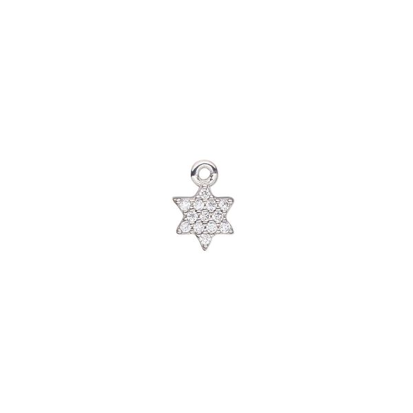 Drop, cubic zirconia and rhodium-plated sterling silver, clear, 7x6.5mm single-sided flat Star of David. Sold individually. image number 0
