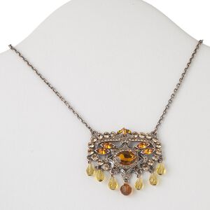 Necklace, Czech glass rhinestone / acrylic / antiqued copper-finished steel and brass, yellow and orange, 52x48mm flat oval with dangles, 16 inches with 2-inch extender chain and lobster claw clasp. Sold individually.