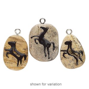 Focal, silver-finished steel / picture jasper (natural) / enamel, black, 30x22mm-34x26mm freeform with horse, Mohs hardness 6-1/2 to 7. Sold individually.