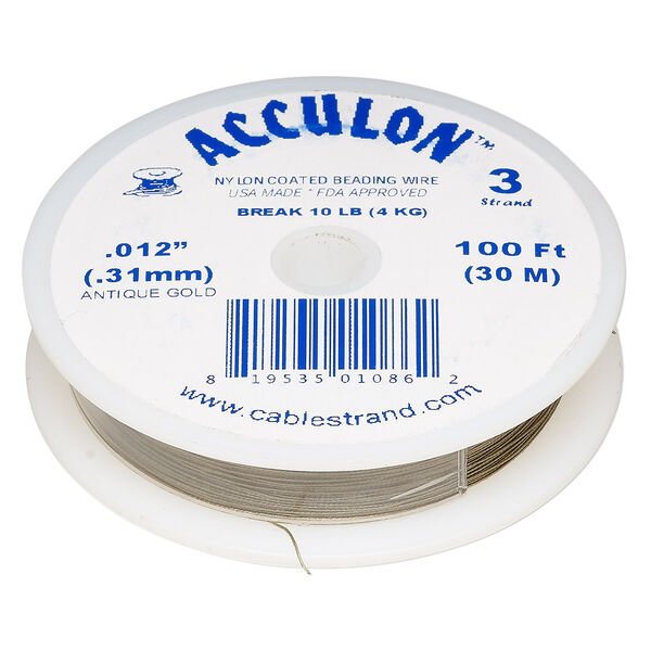 Beading wire, Acculon®, nylon-coated stainless steel, gold color, 3 strand, 0.012-inch diameter. Sold per 100-foot spool. image number 0