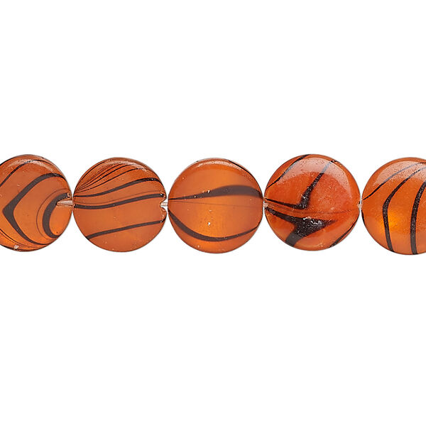 Mother-of-pearl shell 1pkg1, puffed flat round bead 15 inch dark orange and black 9-11mm image number 0