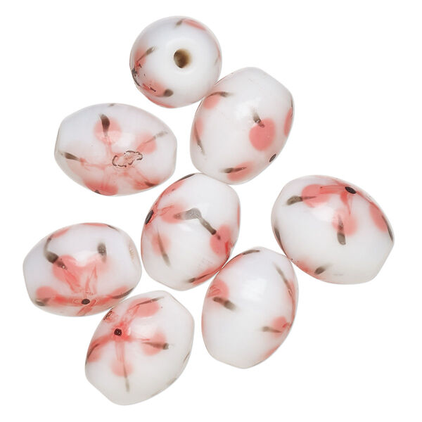 Bead, lampworked glass, opaque white / black / pink, 14x11mm-13x10mm oval with painted flower design. Sold per pkg of 8. image number 0