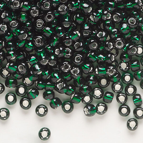 Seed bead, Dyna-Mites™, glass, transparent silver-lined dark green, #6 round. Sold per 40-gram pkg. image number 0