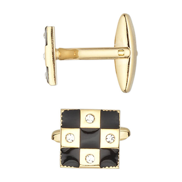 Cuff link, epoxy / glass rhinestone / gold-plated brass, black and clear, 14x14mm square with checkerboard design. Sold per pair. image number 0