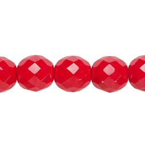 Bead, Czech fire-polished glass, pkg/15-1/2 to 16 inches, 12mm faceted round, opaque red, (93200).