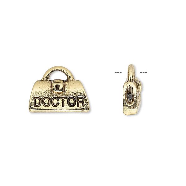 Charm, antique gold-plated pewter (tin-based alloy), 14.5x11mm doctor bag with "DOCTOR." Sold per pkg of 2. image number 0