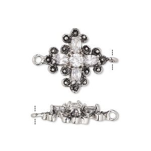 Link, cubic zirconia and antique silver-plated bronze, clear, 19x19mm single-sided cross with 7x3mm faceted oval and 4mm faceted oval. Sold individually.