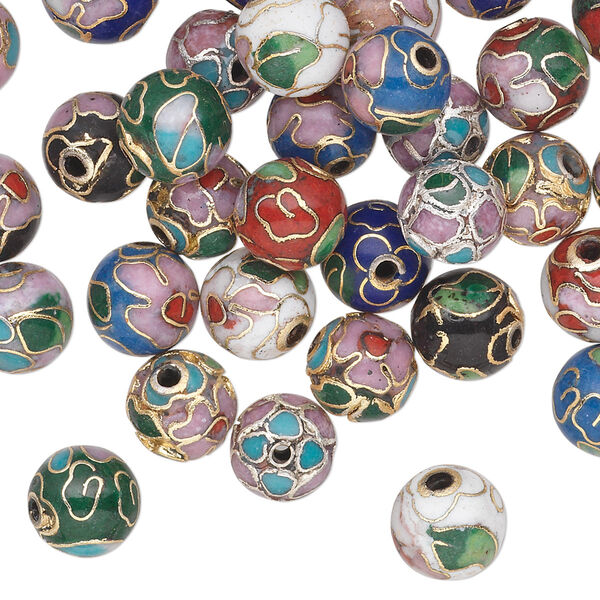 Bead mix, cloisonné, enamel with gold-finished and silver-plated copper, multicolored, 8mm round with flower and leaves. Sold per pkg of 36. image number 0