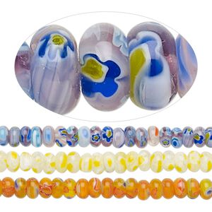 Bead, millefiori glass, translucent multicolored, 8x5m rondelle with flower design. Sold per pkg of (3) 14-inch strands.