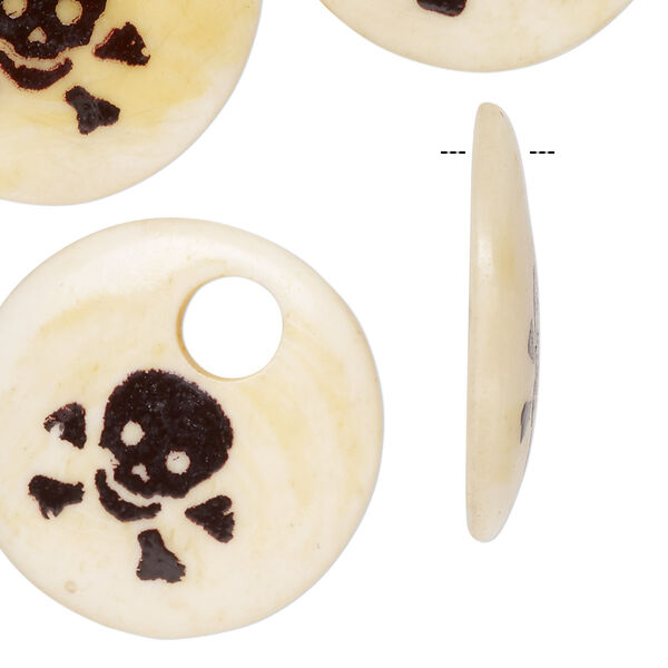Drop, bone (dyed), antiqued and dark brown, 28mm hand-carved flat round with skull design, Mohs hardness 2-1/2. Sold per pkg of 4. image number 0