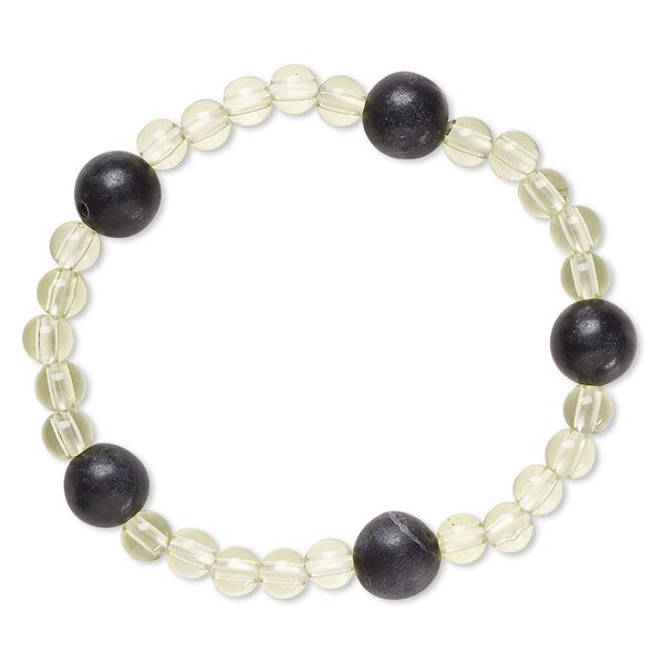 Bracelet, stretch, blackstone (dyed) and acrylic, light yellow-green, 5mm and 9-10mm round, 6 inches. Sold individually. image number 0