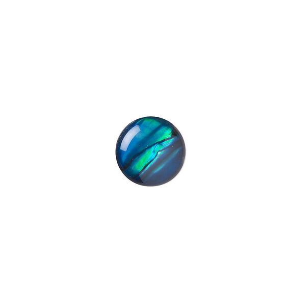 Cabochon, paua shell (coated / dyed), blue, 10mm calibrated round, Mohs hardness 3-1/2. Sold per pkg of 6. image number 0