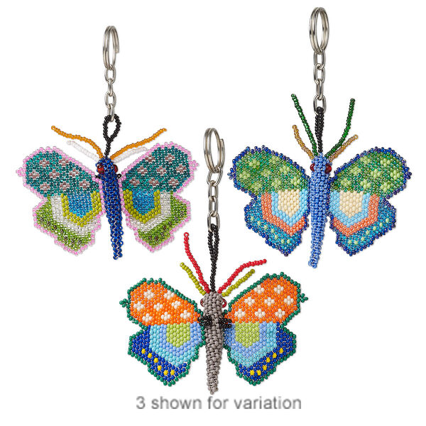 Keychain mix, nylon / glass / stainless steel, multicolored, 3-1/4 x 3-inch butterfly, 4 inches with split ring. Sold individually. image number 0