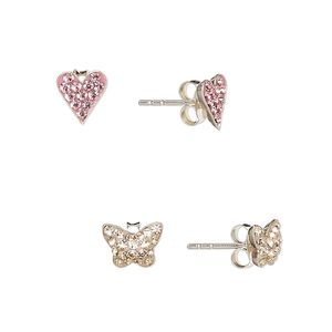Earstud, sterling silver / glass rhinestone / epoxy, pink and yellow, 7x6.5mm heart and 8x6mm butterfly with post. Sold per pkg of 2 pair.