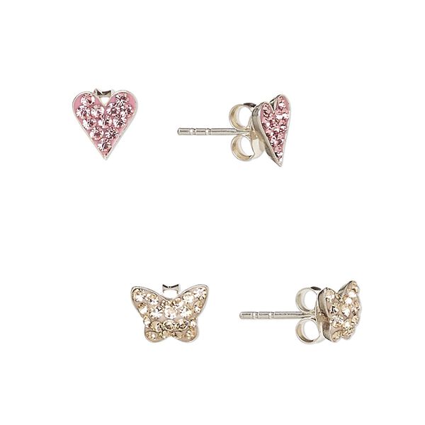 Earstud, sterling silver / glass rhinestone / epoxy, pink and yellow, 7x6.5mm heart and 8x6mm butterfly with post. Sold per pkg of 2 pair. image number 0
