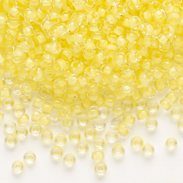 Seed bead, Dyna-Mites™, glass, translucent inside color yellow, #8 round. Sold per 40-gram pkg. image number 0