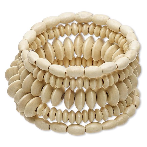 Bracelet, wood (natural) and steel memory wire, 41mm wide with barrel and saucer, 6-1/2 inch adjustable. Sold individually. image number 0