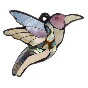 Focal, multi-shell (assembled) and resin, multicolored, 43x35mm-46x38mm single-sided flat hummingbird. Sold individually.
