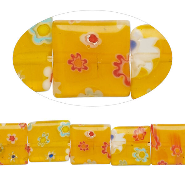 Bead, millefiori glass, translucent golden yellow / white /red / light blue, 10mm puffed square with flower design. Sold per 14-inch strand. image number 0