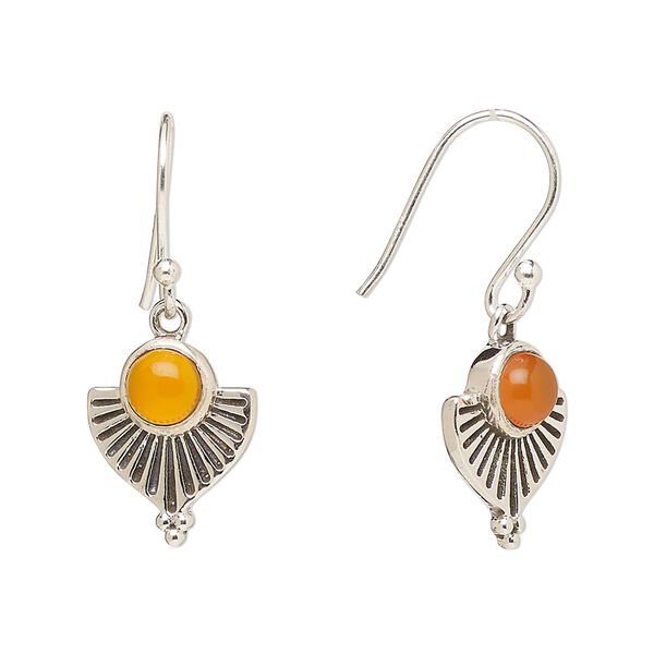 Earring, Create Compliments®, antiqued sterling silver and carnelian (dyed/heated), fishhook, 28mm with 14x11.5mm single-sided fan, 21 gauge. Sold per pair. image number 0