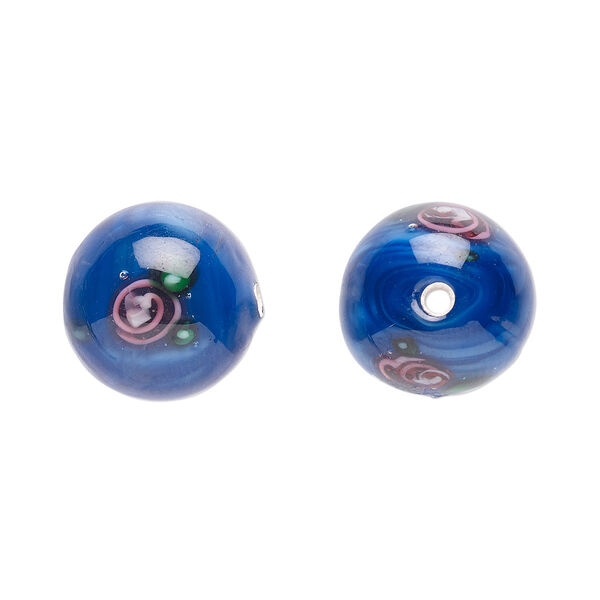 Bead, Czech lampworked glass, opaque blue / pink / green, 12-13mm round with flower design. Sold per pkg of 4. image number 0