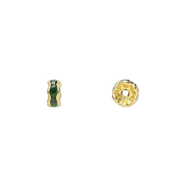 Bead, glass rhinestone and gold-finished brass, emerald green, 5x2mm rondelle. Sold per pkg of 10. image number 0