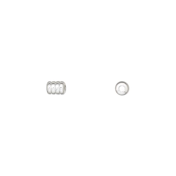 Bead, silver-plated brass, 5x3.5mm ribbed barrel. Sold per pkg of 100. image number 0