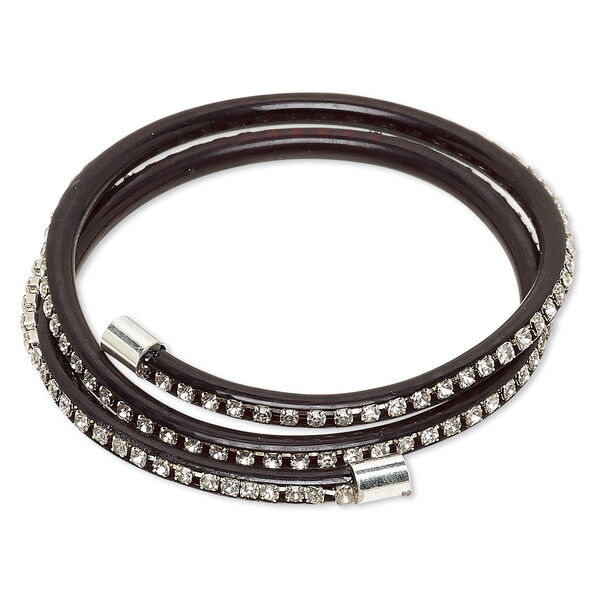 Bracelet, wrap, PVC plastic / glass rhinestone / silver-finished brass, black and clear, 4mm wide with cupchain, adjustable from 7-9 inches. Sold individually. image number 0