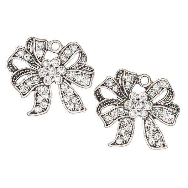 Charm, antique silver finish "pewter" (zinc-based alloy) and glass, clear, 26x21mm single-sided Christmas bow, Sold per pkg of 2. image number 0