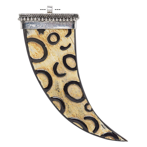 Focal, horn (natural) and antique silver-finished brass, 2-1/2 x 2-1/4 inch single-sided textured flat talon. Sold individually. image number 0