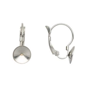 Ear wire leverback 1pkg4 Almost instant jewelry®, 19mm / SS39 rivoli glue-in setting, stainless steel 1 pair