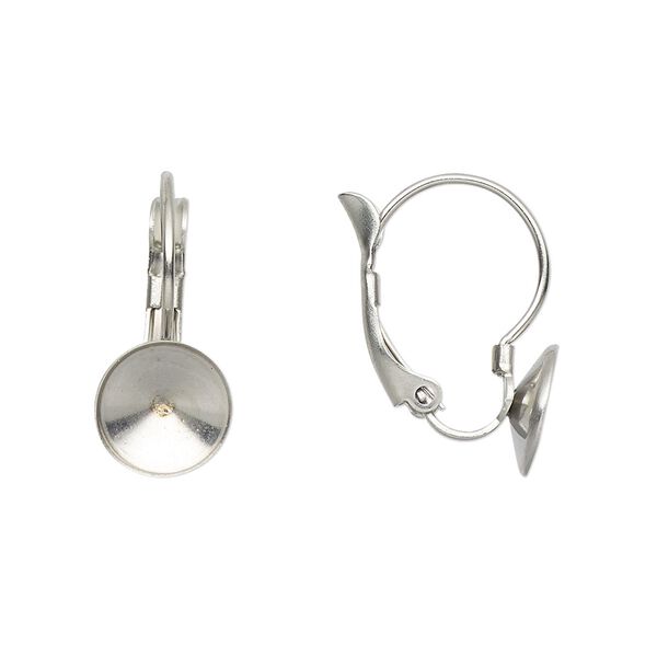Ear wire leverback 1pkg4 Almost instant jewelry®, 19mm / SS39 rivoli glue-in setting, stainless steel 1 pair image number 0