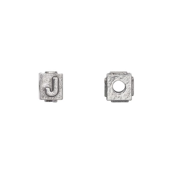 Bead, antiqued pewter (tin-based alloy), 8x6mm rectangle with alphabet letter "J". Sold per pkg of 4. image number 0