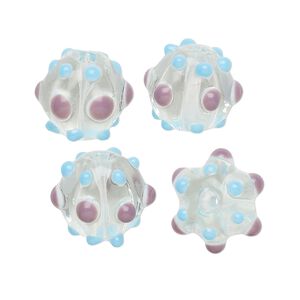 Bead, lampworked glass, clear / light blue / light purple, 15x13mm fluted round. Sold per pkg of 4.