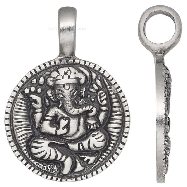 Pendant, antiqued pewter (tin-based alloy), 41.5x30mm single-sided round with Ganesh. Sold individually. image number 0