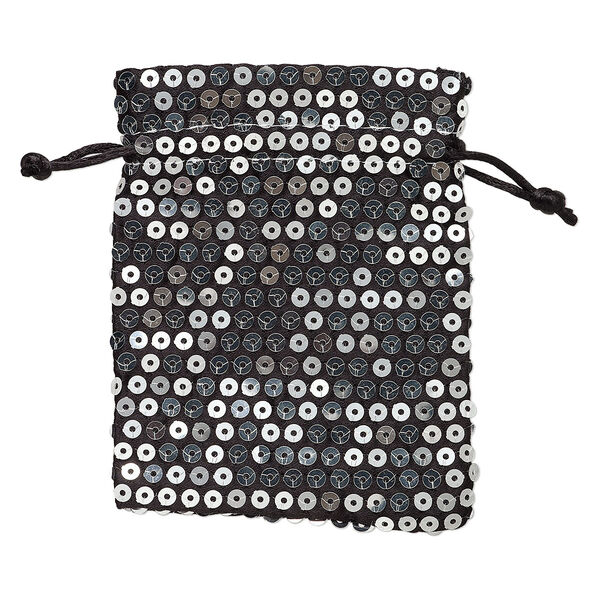Pouch, satin and plastic sequins, black and silver, 4-3/4 x 3-3/4 inches. Sold per pkg of 3. image number 0