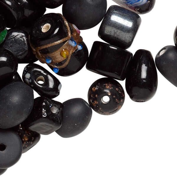 Bead mix, lampworked glass, black, 7x4mm-14x11mm mixed shape. Sold per 100-gram pkg, approximately 60-100 beads. image number 0
