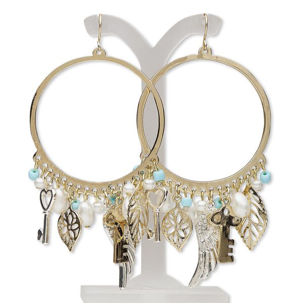 Earring, acrylic pearl / glass / gold- / silver-finished brass / steel / "pewter" (zinc-based alloy), white and blue, 3-3/4 inches with round hoop and fishhook ear wire. Sold per pair. image number 0