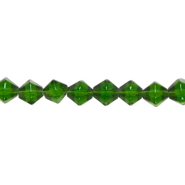 Bead, glass, transparent green, 6mm faceted bicone. Sold per 14-inch strand. image number 0