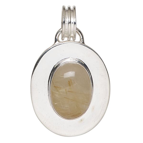 Pendant, golden rutilated quartz (natural) and sterling silver, 31x25mm oval. Sold individually. image number 0