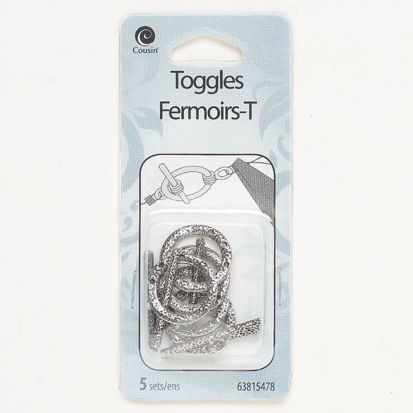 Clasp toggle 1pkg5 "pewter" (zinc alloy), 18mm hammered round, antique silver-finished 1-strand image number 0