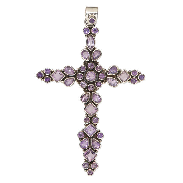 Pendant, amethyst (natural) and antiqued sterling silver, 3x2-1/4 inch cross. Sold individually. image number 0