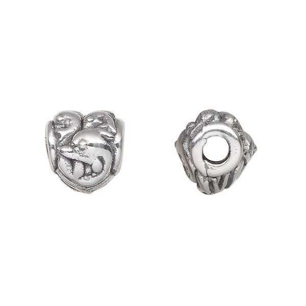 Bead, antiqued fine silver, electroformed, 12x11.5mm puffed heart with dolphin design. Sold individually. image number 0
