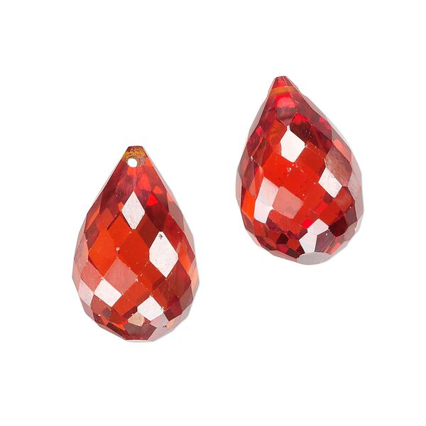 Bead, glass, pkg/2, 19x13mm-20x13mm top-drilled faceted briolette, translucent red. image number 0