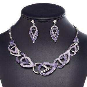 Necklace and earring set, enamel / plastic / imitation rhodium-finished steel / "pewter" (zinc-based alloy), light purple and dark purple, teardrop, 15" to 16" necklace with 2-inch extender chain and lobster claw clasp, 41mm earrings with post. Sold per set.