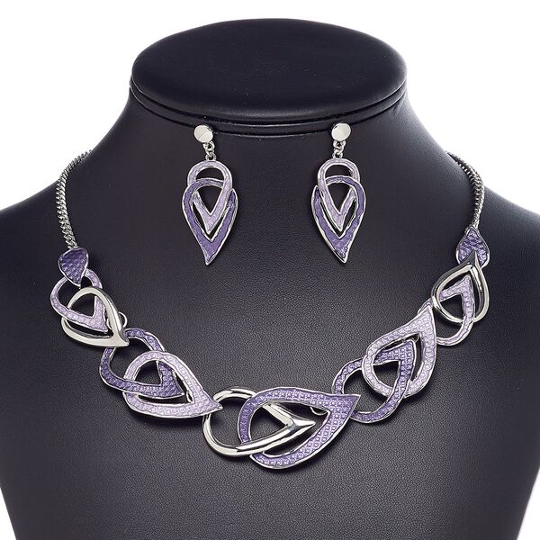 Necklace and earring set, enamel / plastic / imitation rhodium-finished steel / "pewter" (zinc-based alloy), light purple and dark purple, teardrop, 15" to 16" necklace with 2-inch extender chain and lobster claw clasp, 41mm earrings with post. Sold per set. image number 0